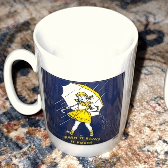 Vintage Morton Salt Girl Coffee Cup Mug When It Rains It Pours Umbrella Set of 4 - Picture 7 of 14